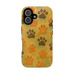 iPhone case with orange and brown paw print pattern on yellow background, visually showing size fit