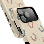 Prairie Horseshoes MagSafe Phone Case, glossy compact wide-camera Pro model, camera and side-button close-up