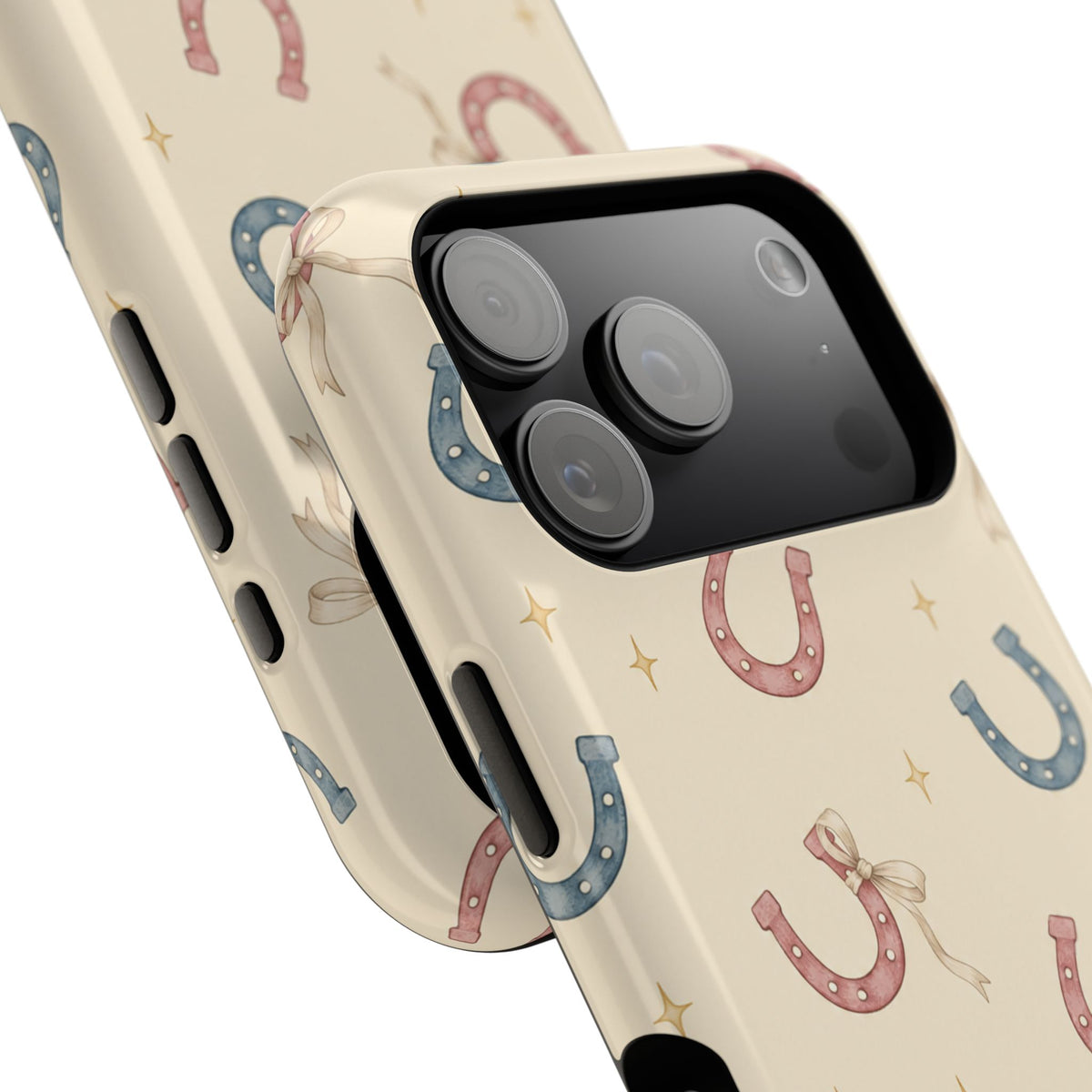 Prairie Horseshoes MagSafe Phone Case, glossy compact wide-camera Pro model, camera and side-button close-up