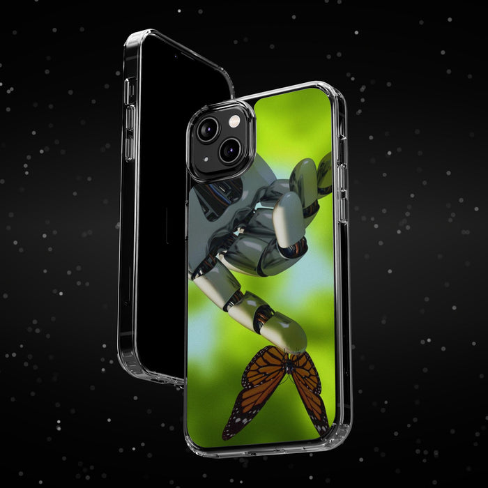 Clear Cases for iPhone 14 Series with Robotic hand and Butterfly.