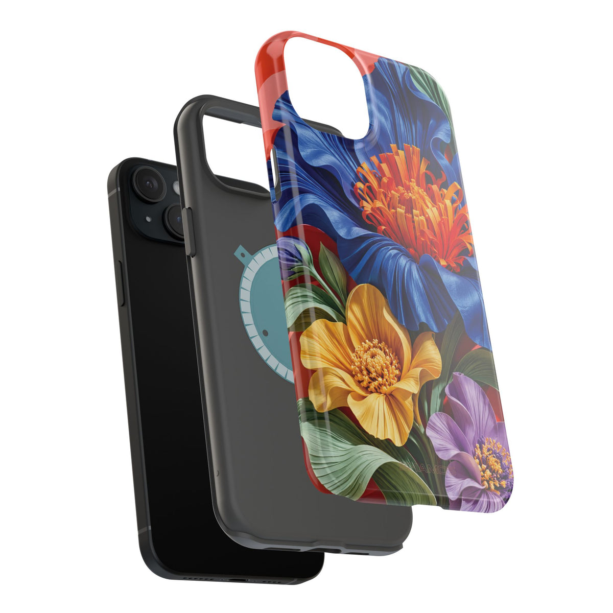 Electric Paradise MagSafe Phone Case – Cobalt Floral & Coral Waves | Glossy