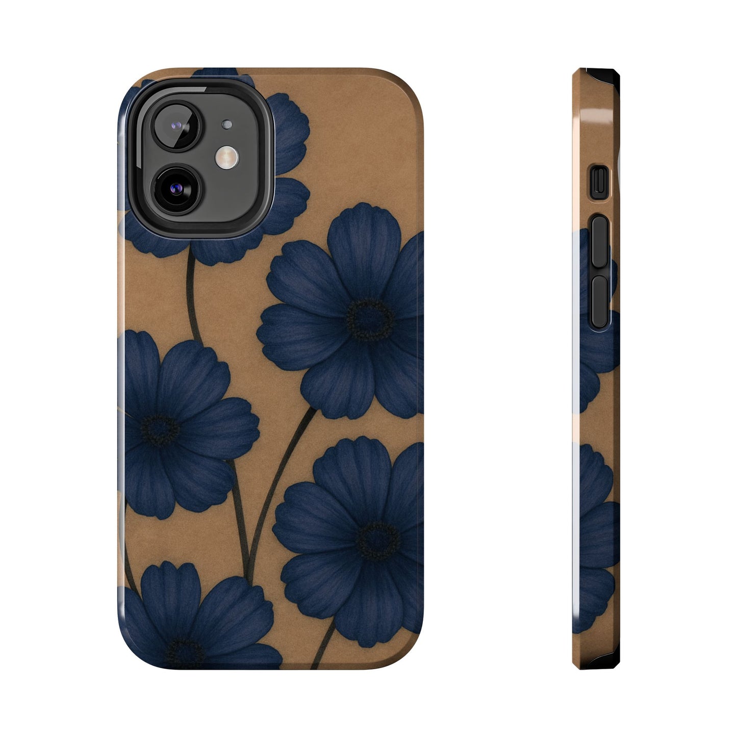 Navy Floral Tough iPhone Case — Durable Protective Case with Blue Flowers on Kraft Background