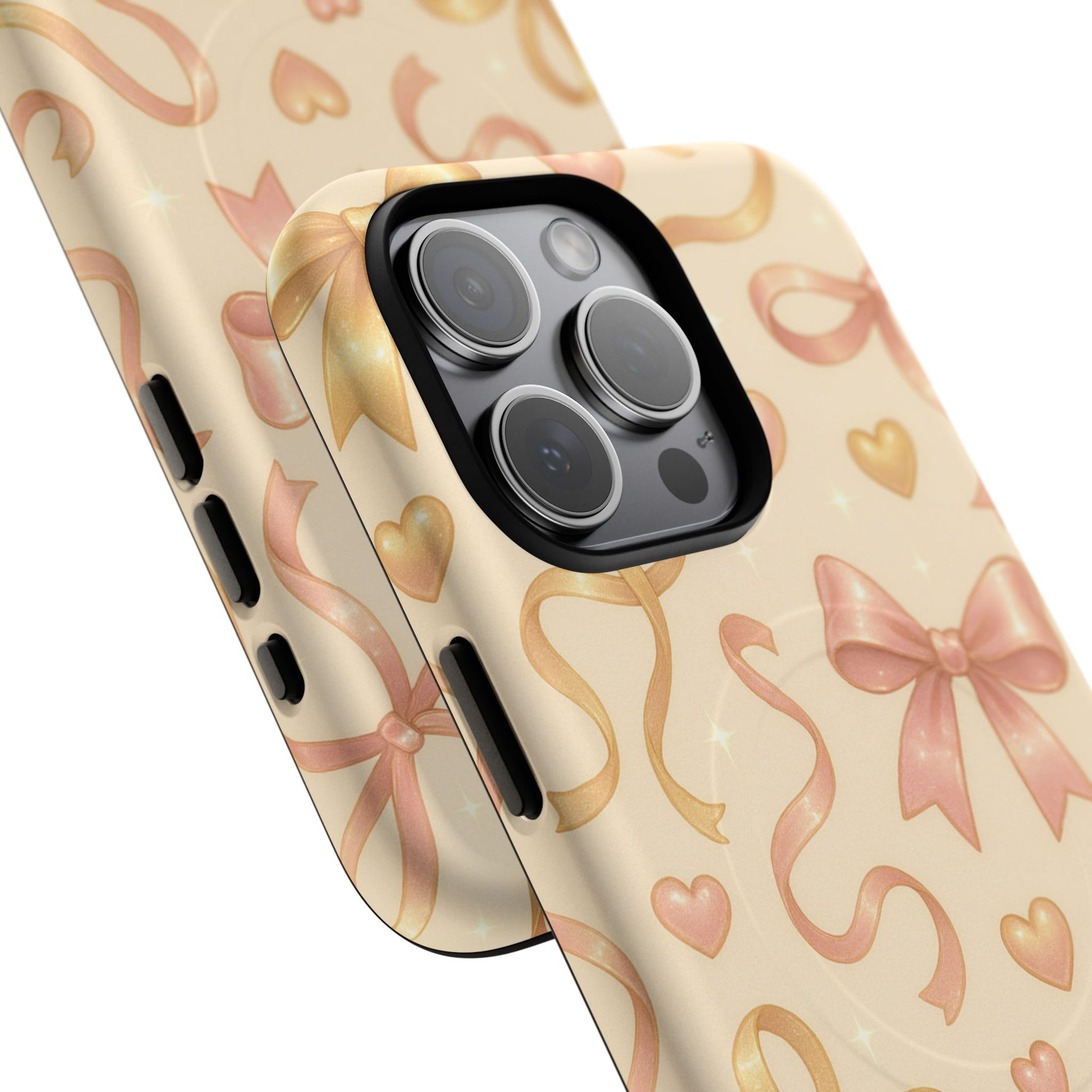 Festive Bow Charm iPhone Case — Pink & Gold Ribbon Hearts with MagSafe - Shamo's