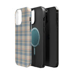 Ranch Check – Blue and Cream Plaid MagSafe Phone Case, glossy square triple-camera Pro model, exploded shell and liner with magnetic ring