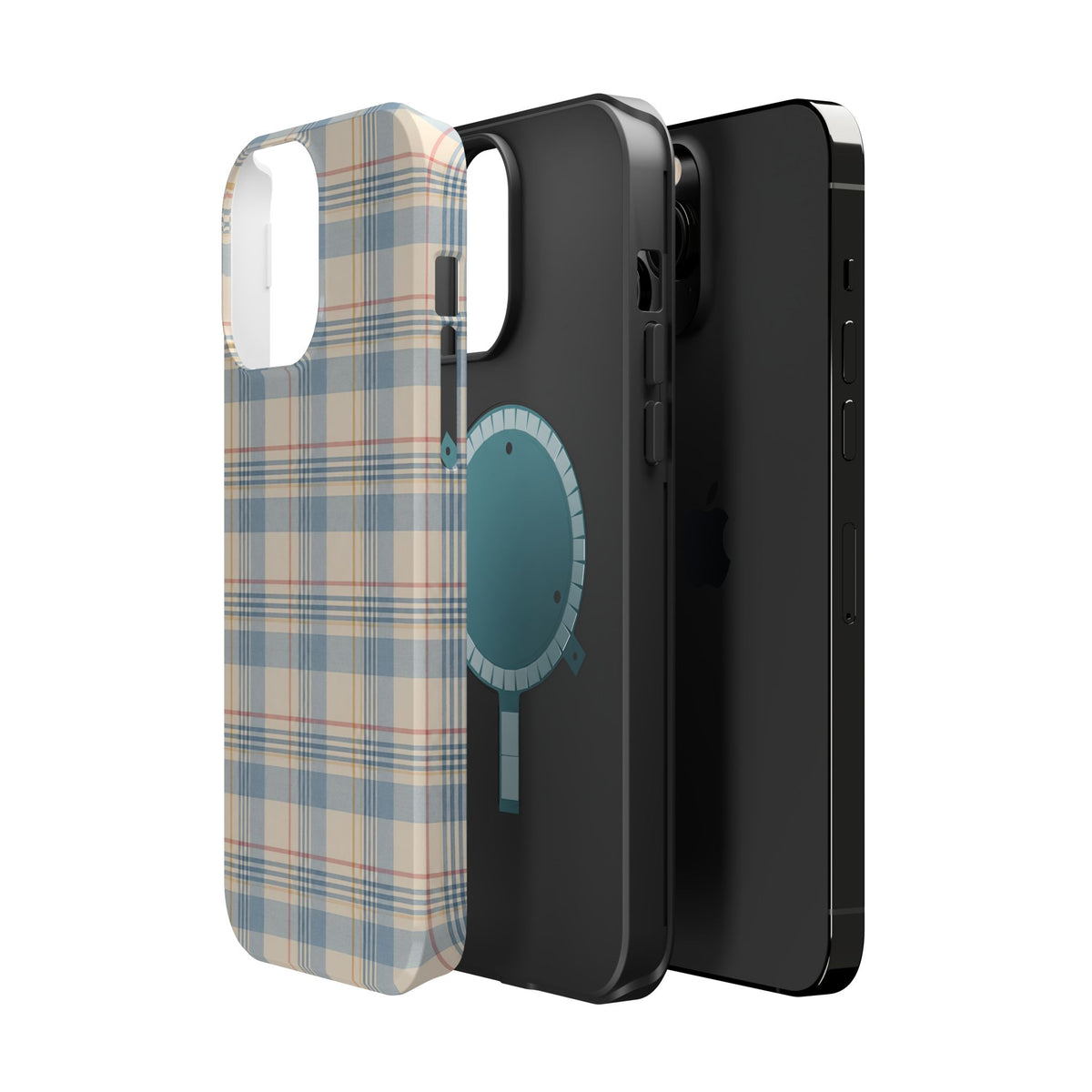 Ranch Check – Blue and Cream Plaid MagSafe Phone Case, glossy square triple-camera Pro model, exploded shell and liner with magnetic ring