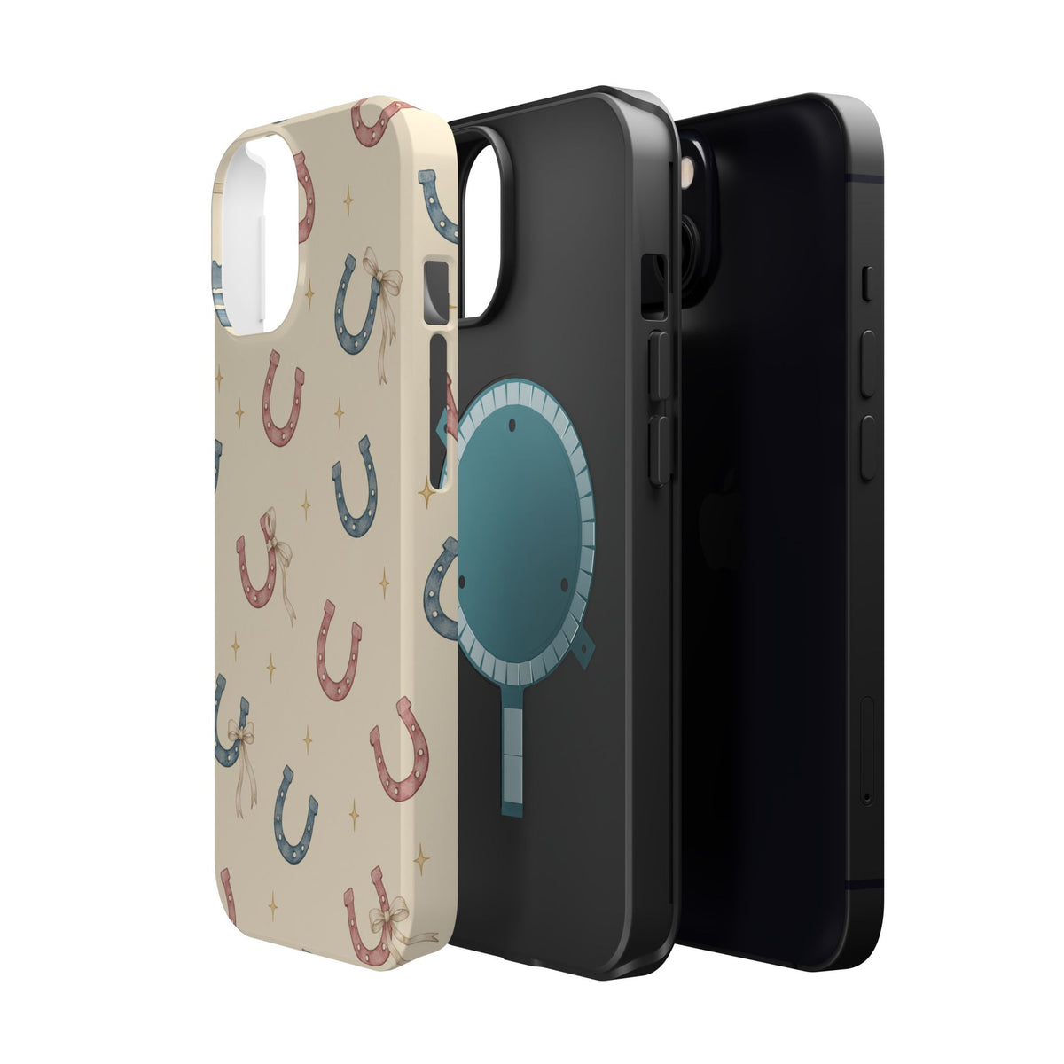 Prairie Horseshoes MagSafe Phone Case, glossy diagonal dual-camera model, exploded shell and liner with magnetic ring