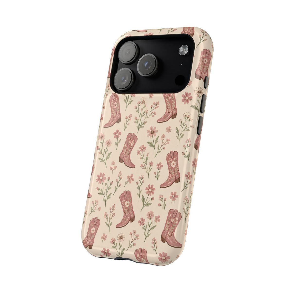 Floral Boots MagSafe Phone Case, glossy wide-camera Pro model, angled rear view
