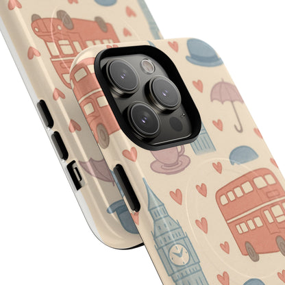 London Icons Hand-Drawn iPhone Case — Cute Double-Decker Bus & Big Ben Pattern with MagSafe compatibility