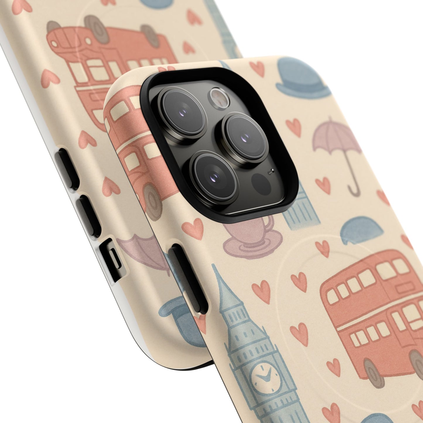 London Icons Hand-Drawn iPhone Case — Cute Double-Decker Bus & Big Ben Pattern with MagSafe compatibility