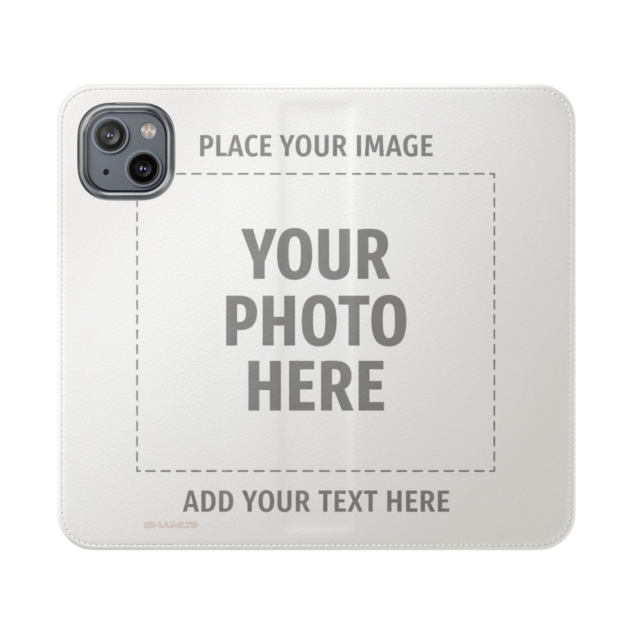 Outside of an open customizable wallet phone case with Your Photo Here and Add Your Text Here placeholders