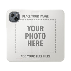 Outside of an open customizable wallet phone case with Your Photo Here and Add Your Text Here placeholders