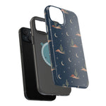 Desert Moon MagSafe Phone Case, glossy diagonal dual-camera model, exploded shell and liner with magnetic ring
