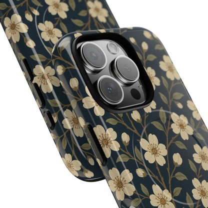 Navy Cherry Blossom Floral iPhone Case - Compatible with MagSafe