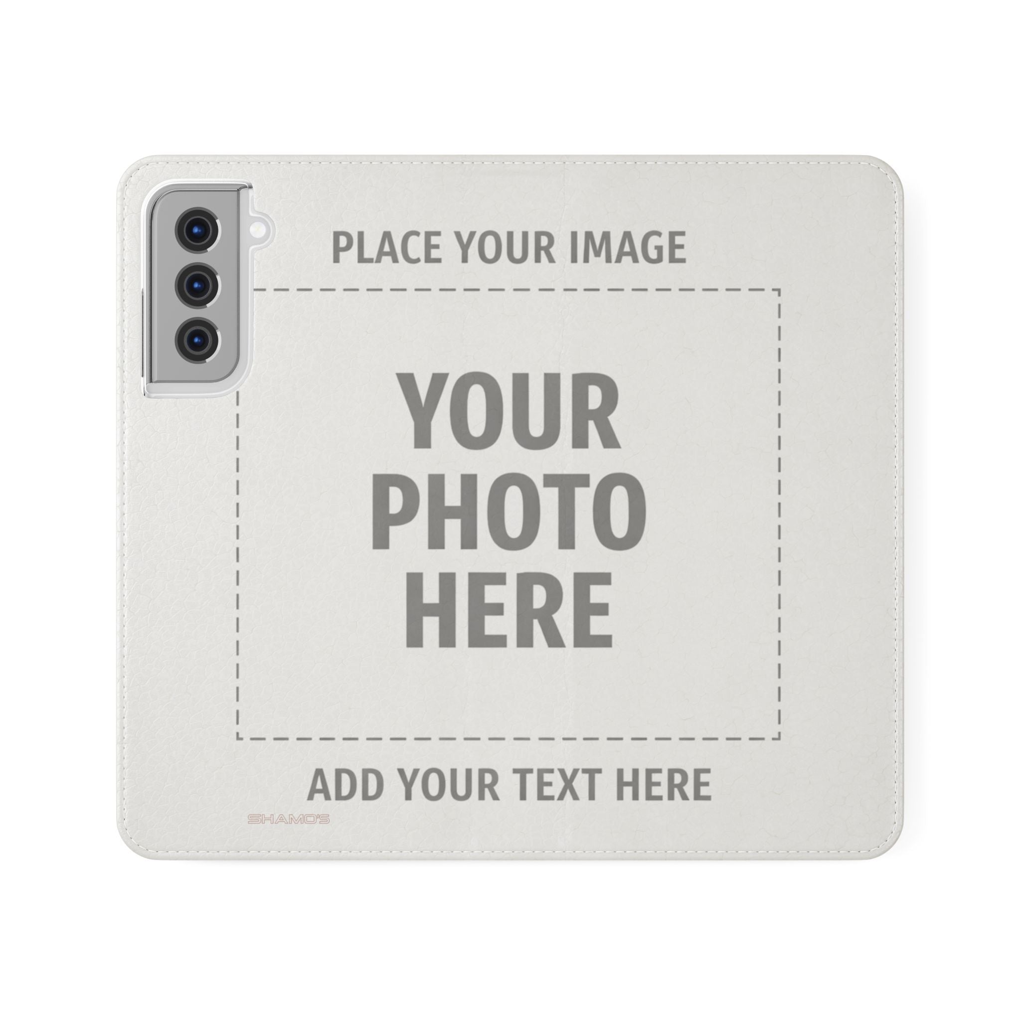 Outside of an open customizable wallet phone case with Your Photo Here and Add Your Text Here placeholders