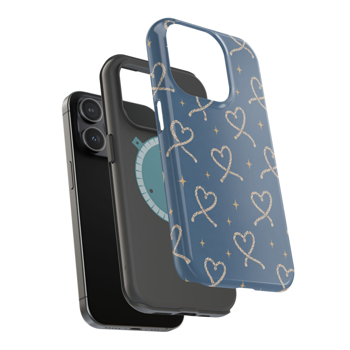Lasso Hearts – Blue Western Heart MagSafe Phone Case, glossy square triple-camera Pro model, exploded shell and liner with magnetic ring