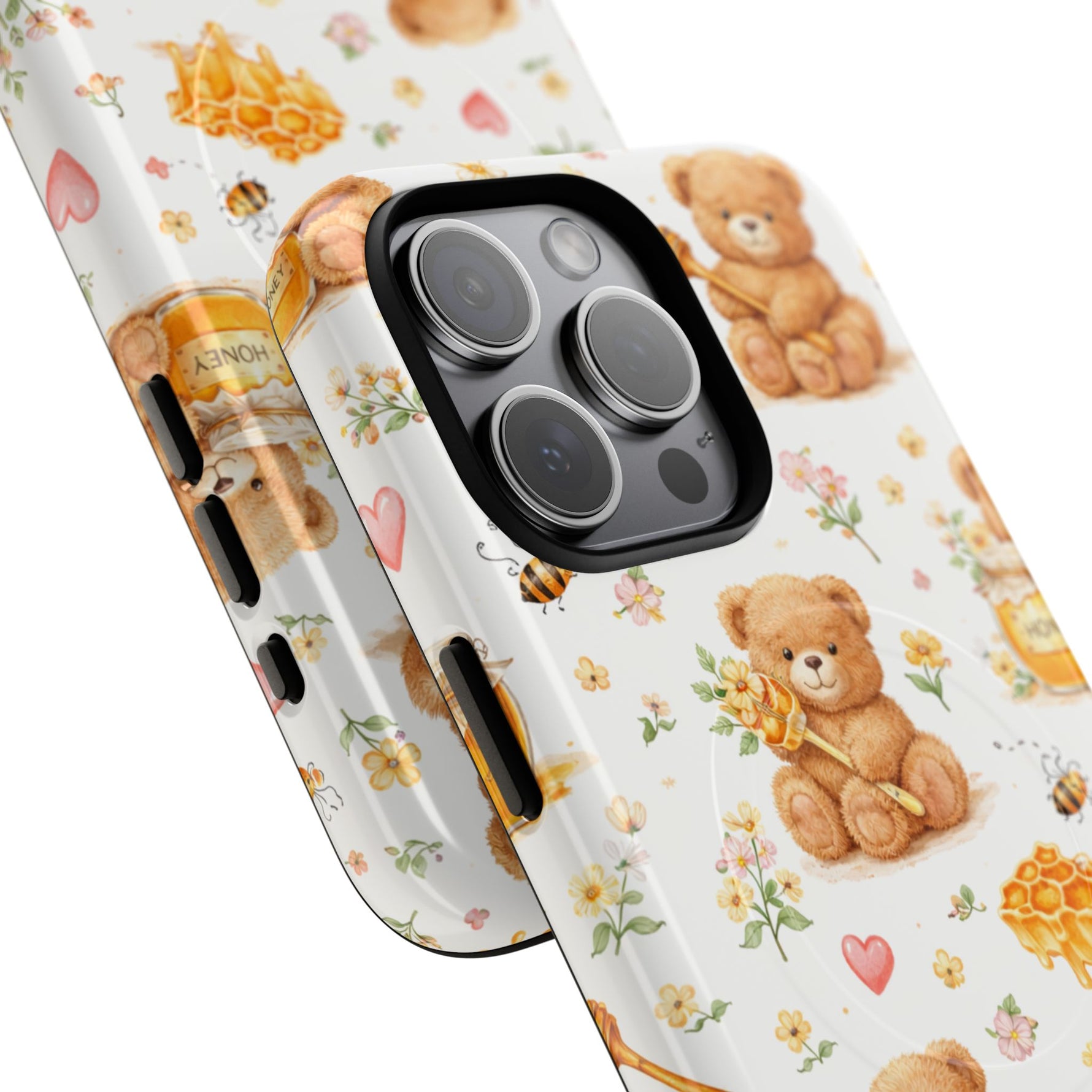 Honey Teddy Bear iPhone Case — Yellow Bee & Honey Pot Design with MagSafe