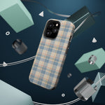 Ranch Check – Blue and Cream Plaid MagSafe Phone Case, glossy square triple-camera Pro model, rear view with magnetic accessories