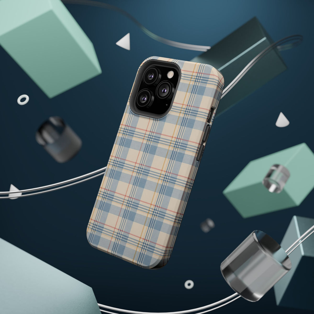 Ranch Check – Blue and Cream Plaid MagSafe Phone Case, glossy square triple-camera Pro model, rear view with magnetic accessories