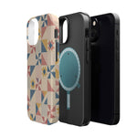 Prairie Quilt – Pastel Patchwork Pattern MagSafe Phone Case, glossy diagonal dual-camera model, exploded shell and liner with magnetic ring