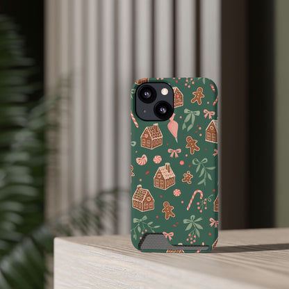 Holiday Gingerbread Phone Case with Card Holder — Festive Green Candy Cane Design