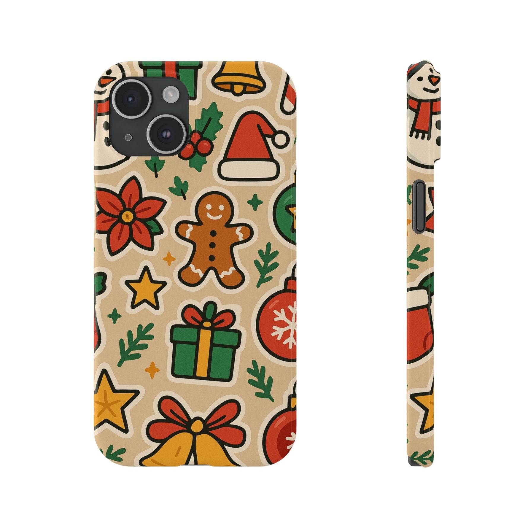 Holiday Pattern Slim iPhone Case — Gingerbread, Santa Hat & Gifts Holiday Design  Shamo's iPhone 15