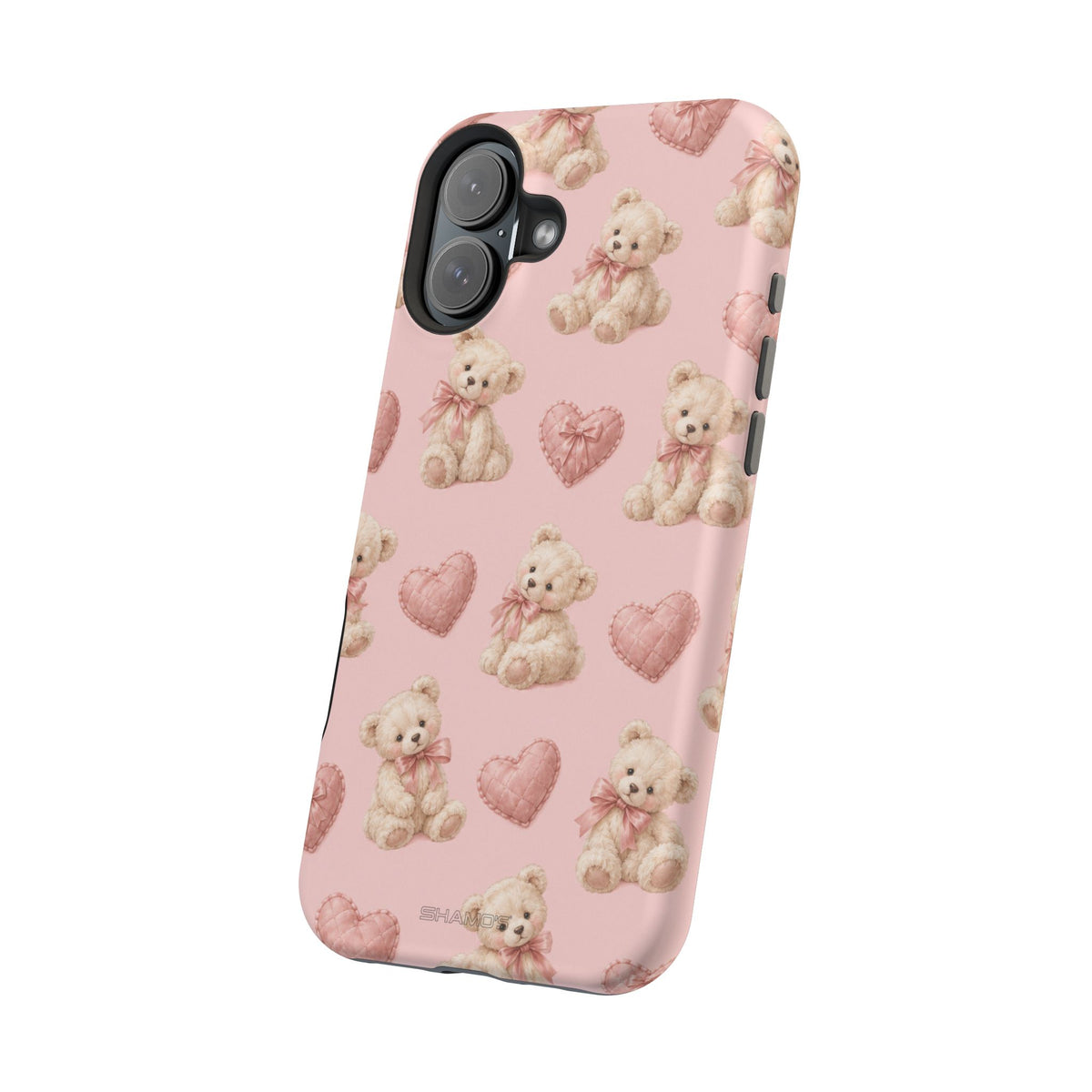 Pink Teddy Hearts Love iPhone Case, Impact-Resistant MagSafe Compatible