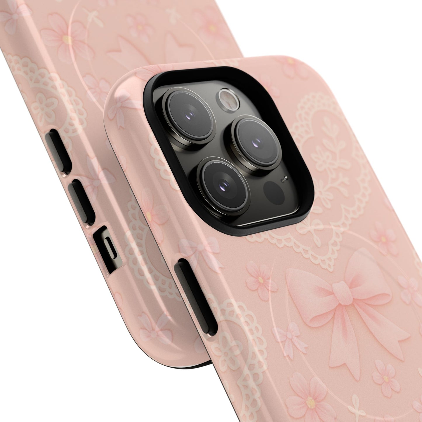 Balletcore Pink Floral Lace iPhone Case with Bow | Works with MagSafe