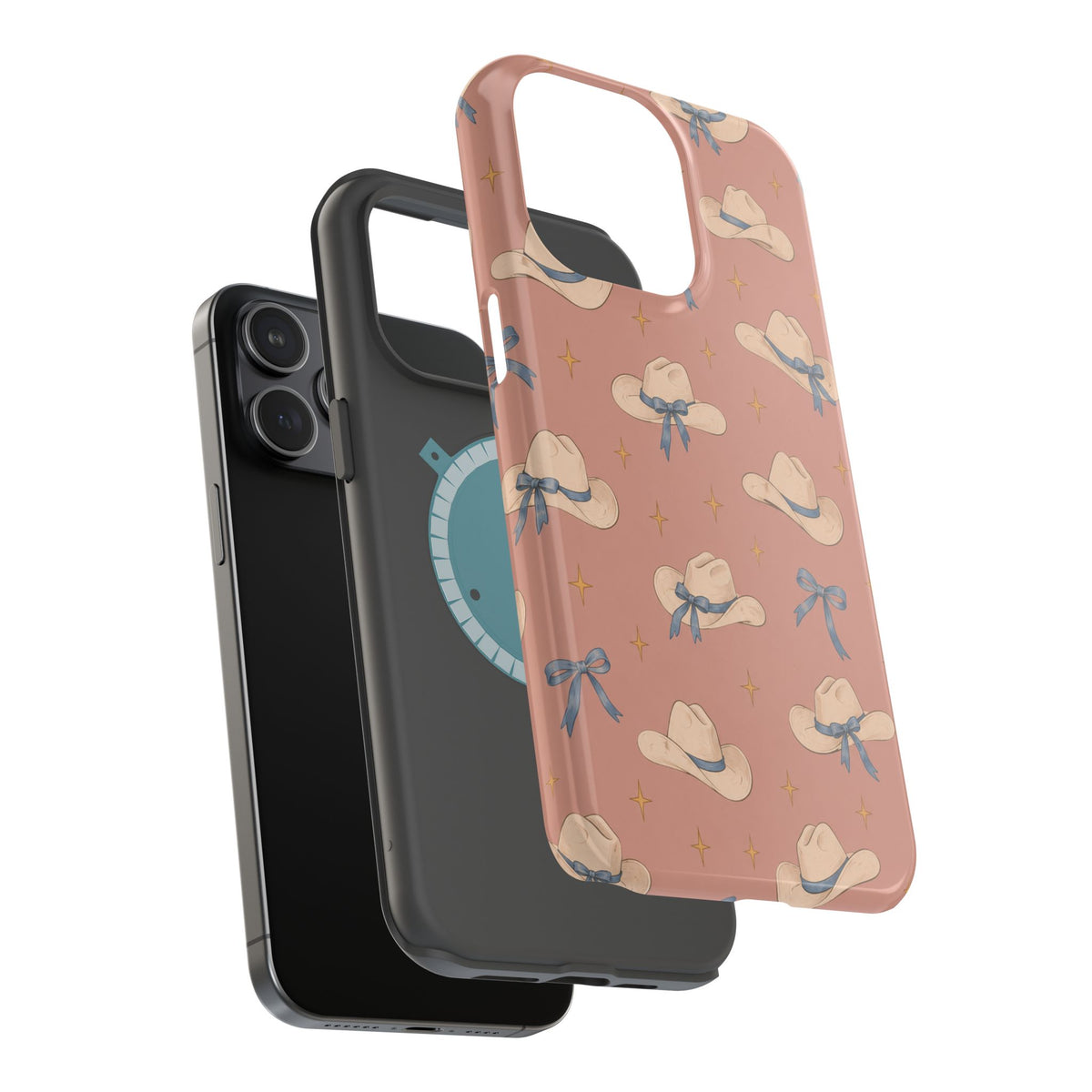 Ribbon Rodeo – Cowgirl Hat and Bow MagSafe Phone Case, Pink, glossy square triple-camera Pro model, exploded shell and liner with magnetic ring