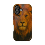 Phone case featuring a close-up detailed lion face artwork, showing camera cutout variant size