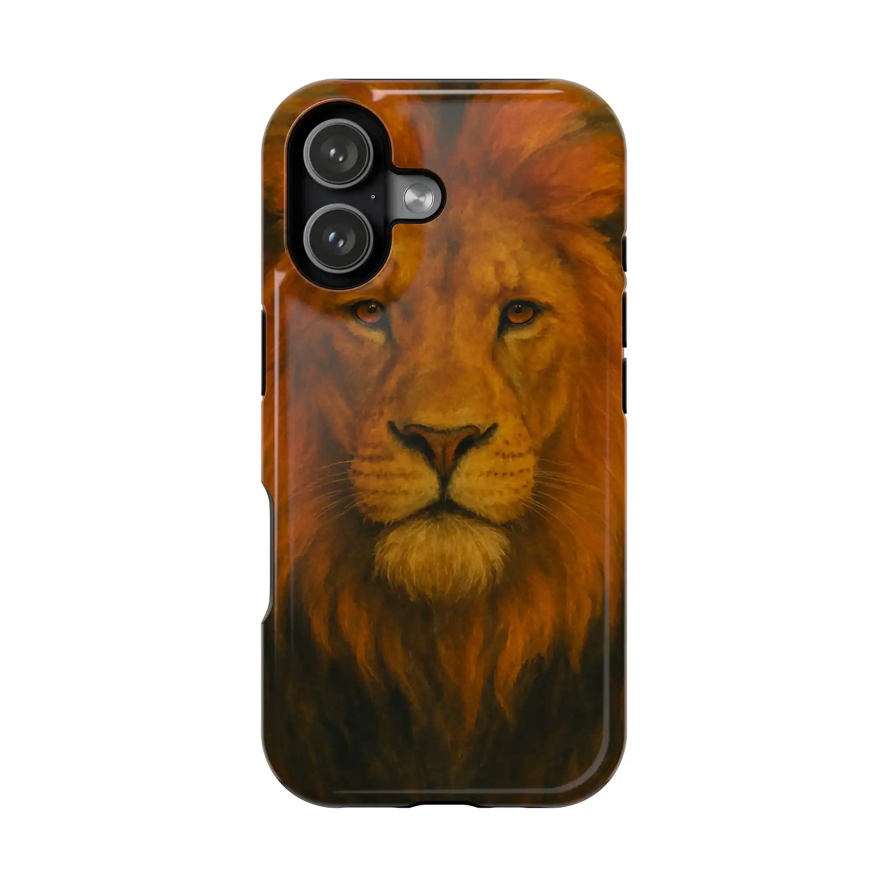 Phone case featuring a close-up detailed lion face artwork, showing camera cutout variant size