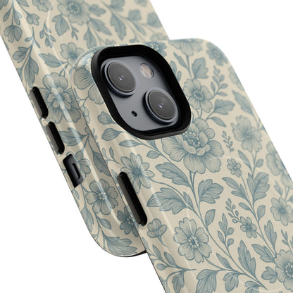 Vintage Blue Floral Tough Case for iPhone - Compatible with MagSafe