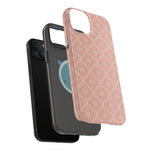 Meadow Lace – Blush Pink Lace Pattern MagSafe Phone Case, glossy diagonal dual-camera model, exploded shell and liner with magnetic ring