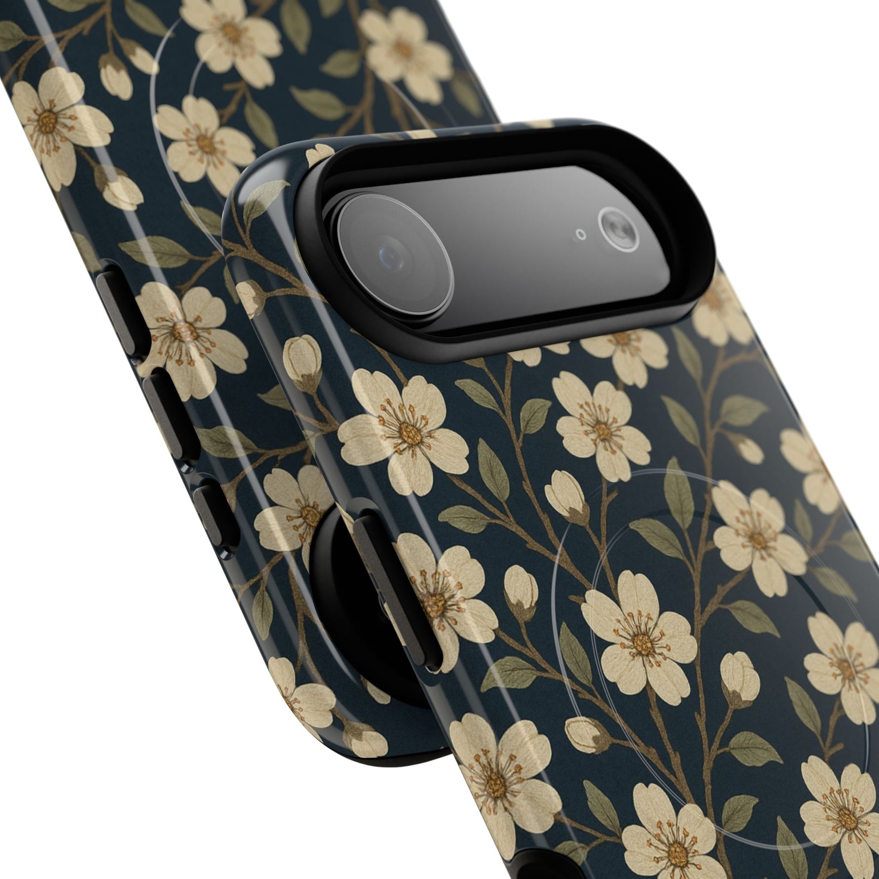 Navy Cherry Blossom Floral iPhone Case - Compatible with MagSafe - Shamo's