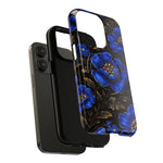 Black smartphone with detached floral phone case featuring large blue flowers and gold leaves, showcasing case design and size