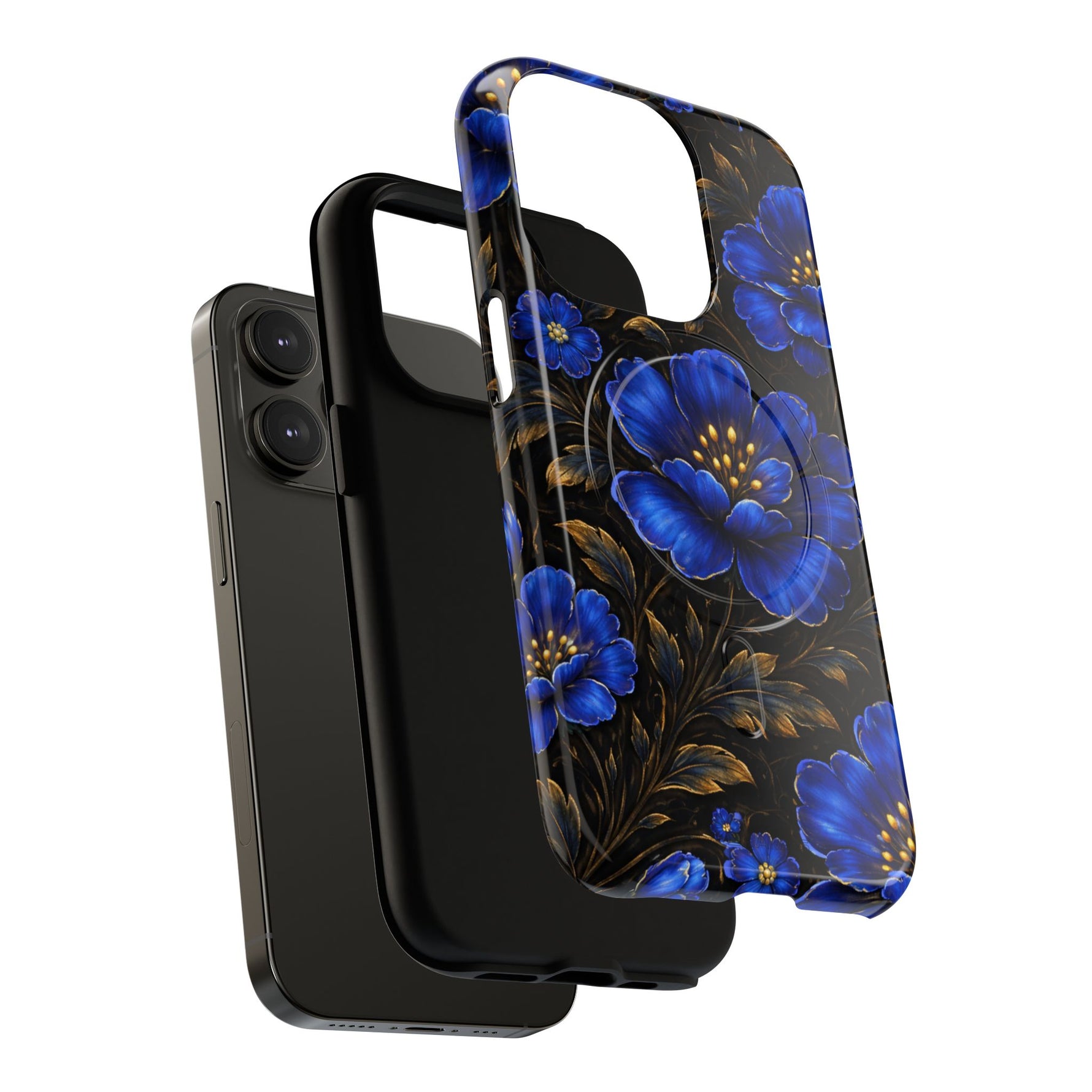 Black smartphone with detached floral phone case featuring large blue flowers and gold leaves, showcasing case design and size