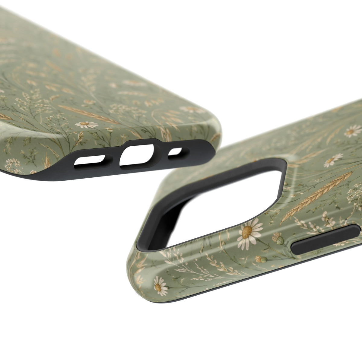 Golden Meadow – Sage Green Wildflower MagSafe Phone Case, glossy square triple-camera Pro model, port openings and edge details