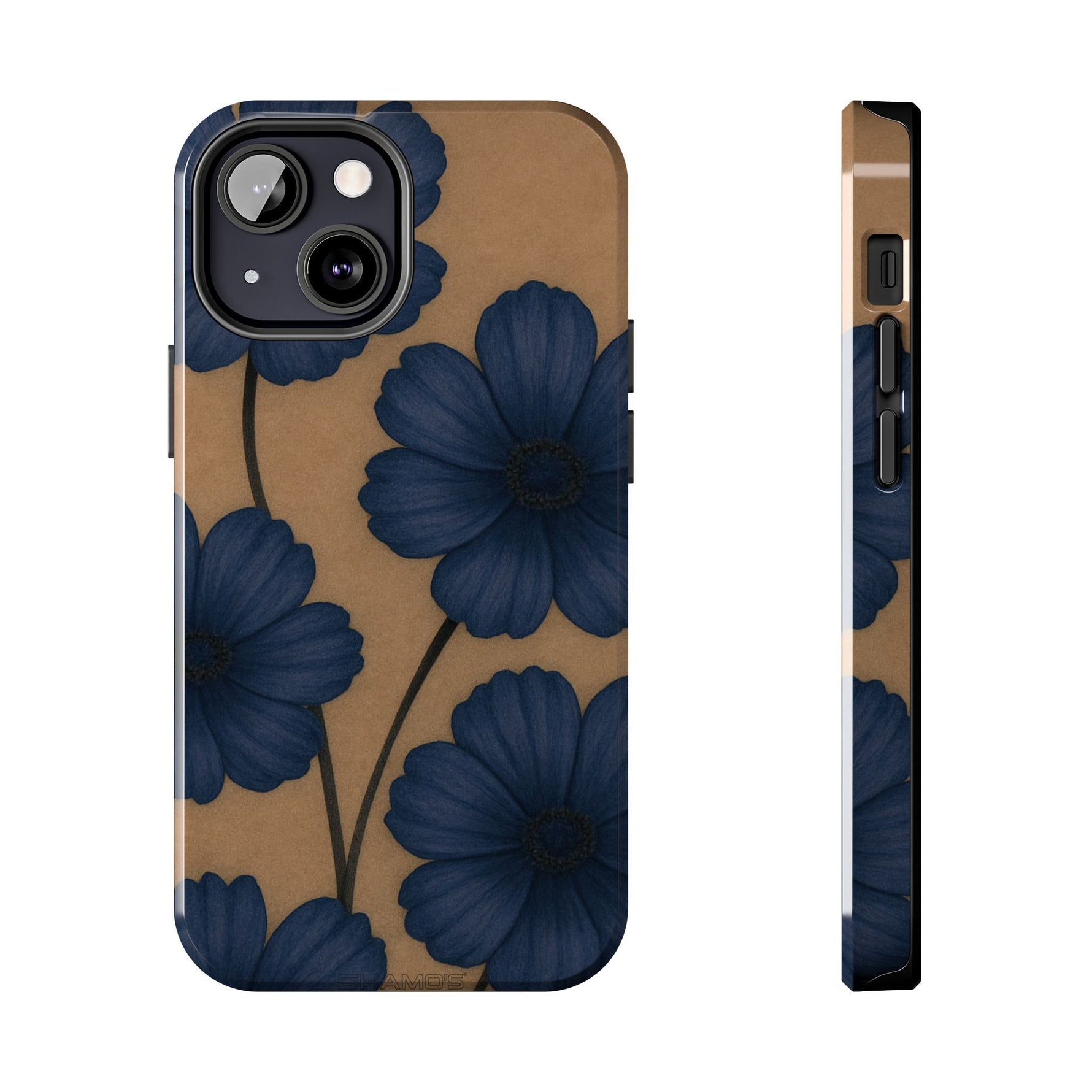 Navy Floral Tough Phone Case — Durable Protective Case with Blue Flowers on Kraft Background