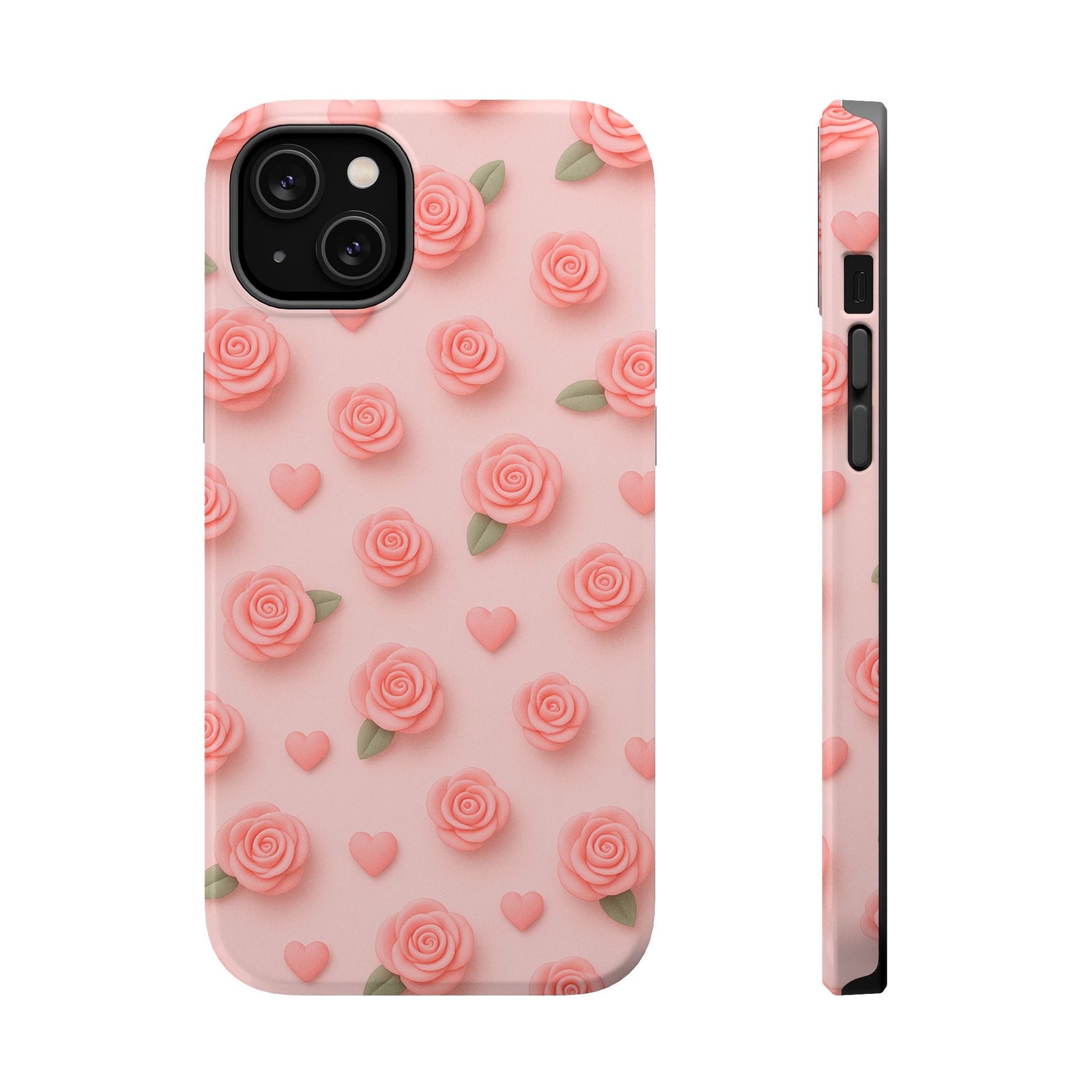 Pink Rose Pattern Impact iPhone Case — Floral Hearts Protective Cover (MagSafe compatible)  Shamo's iPhone 14 Plus / Glossy