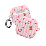 Pink Teddy Hearts AirPod Case, Cute Striped Protective Cover