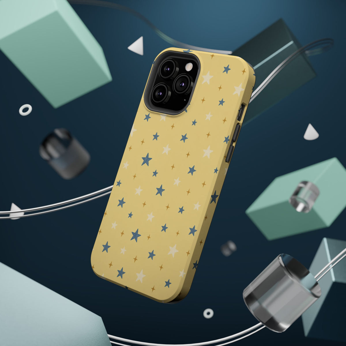 Prairie Stars – Yellow and Blue Star MagSafe Phone Case, glossy square triple-camera Pro model, rear view with magnetic accessories