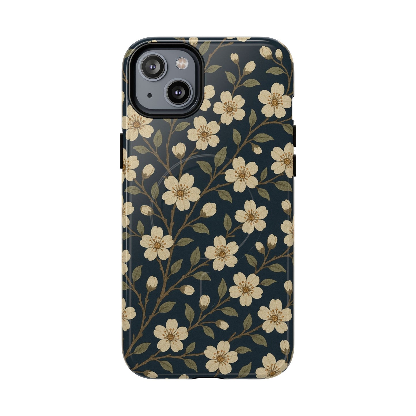 Navy Cherry Blossom Floral iPhone Case - Compatible with MagSafe
