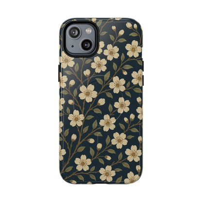 Navy Cherry Blossom Floral iPhone Case - Compatible with MagSafe