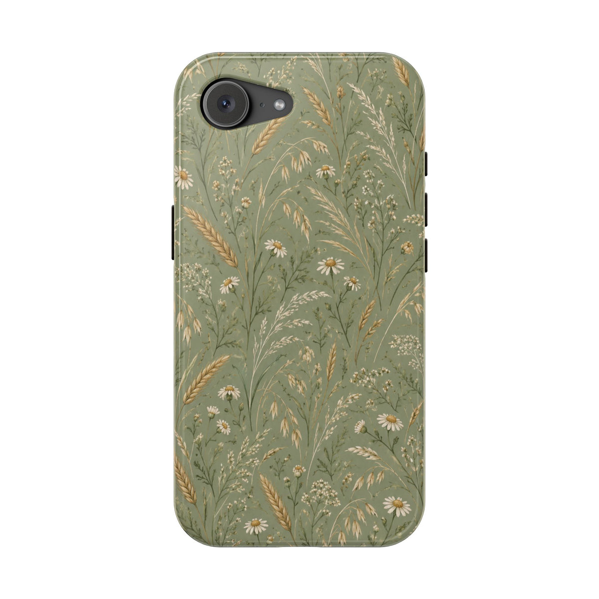 Golden Meadow – Sage Green Wildflower MagSafe Phone Case, glossy iPhone 17e, rear view