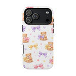 Phone case with 8 Pro Max variant size featuring teddy bears, colorful bows, and hearts on white background