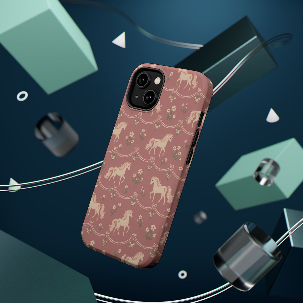 Rose Ponies MagSafe Phone Case, glossy diagonal dual-camera model, rear view with magnetic accessories