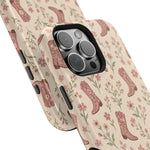 Floral Boots MagSafe Phone Case, glossy square triple-camera Pro model, camera and side-button close-up
