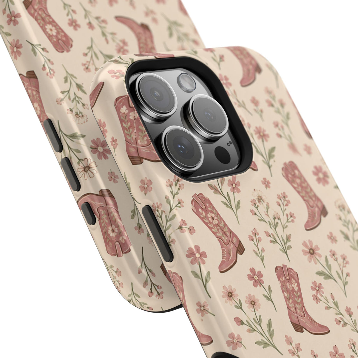 Floral Boots MagSafe Phone Case, glossy square triple-camera Pro model, camera and side-button close-up