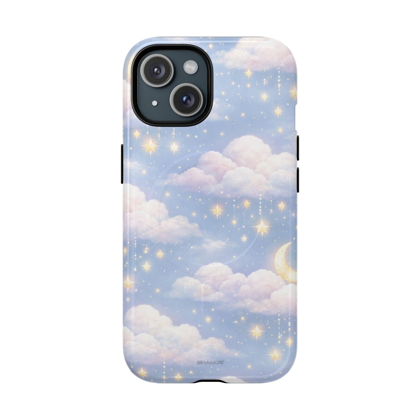 iPhone case with soft pastel clouds, golden stars, crescent moon on light blue background, medium size variant