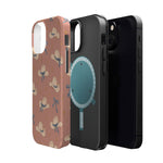 Ribbon Rodeo – Cowgirl Hat and Bow MagSafe Phone Case, Pink, glossy diagonal dual-camera model, exploded shell and liner with magnetic ring
