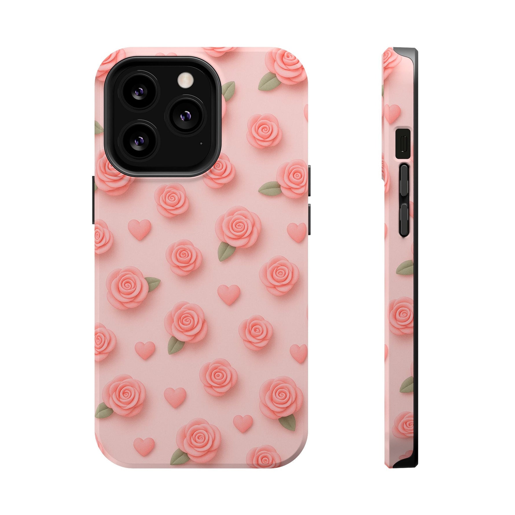 Pink Rose Pattern Impact iPhone Case — Floral Hearts Protective Cover (MagSafe compatible)  Shamo's iPhone 13 Pro / Glossy
